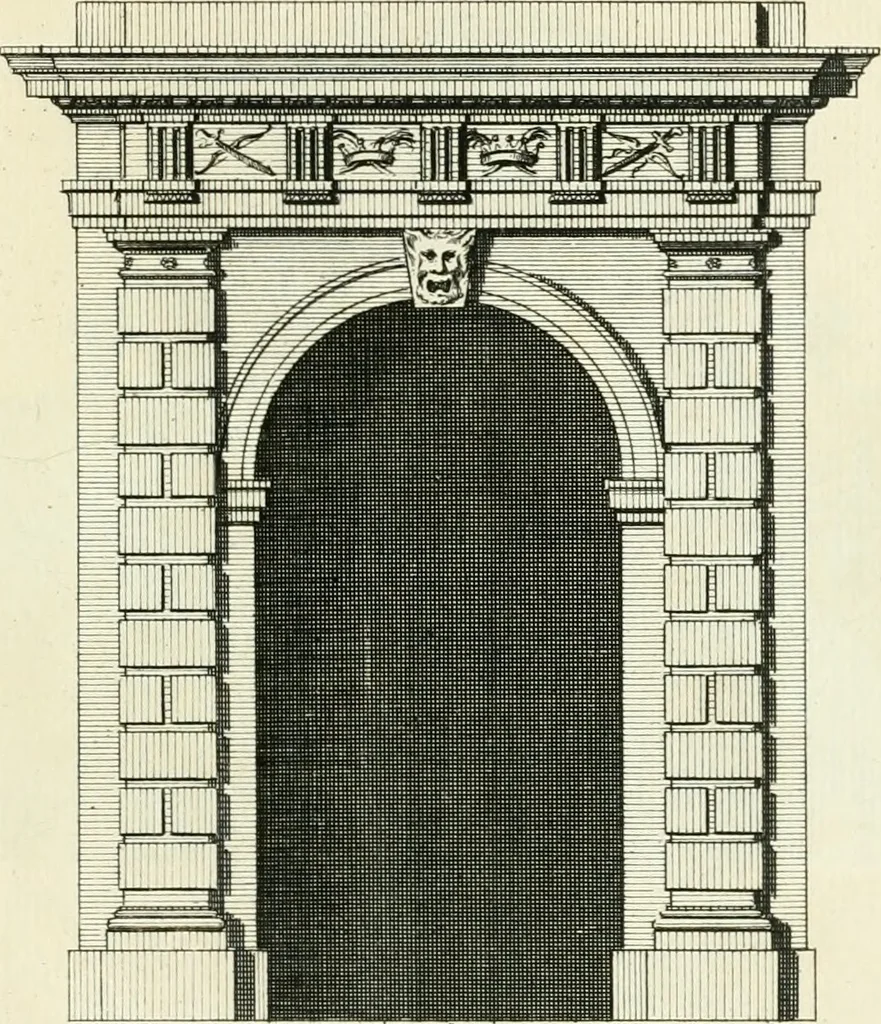 An illustration from The gentlemens or builders companion : containing variety of usefull designs for doors, gateways, peers, pavilions, temples, chimney-pieces, slab tables, pier glasses, or tabernacle frames, ceiling peices [sic] &c., 1739, leaf 24
