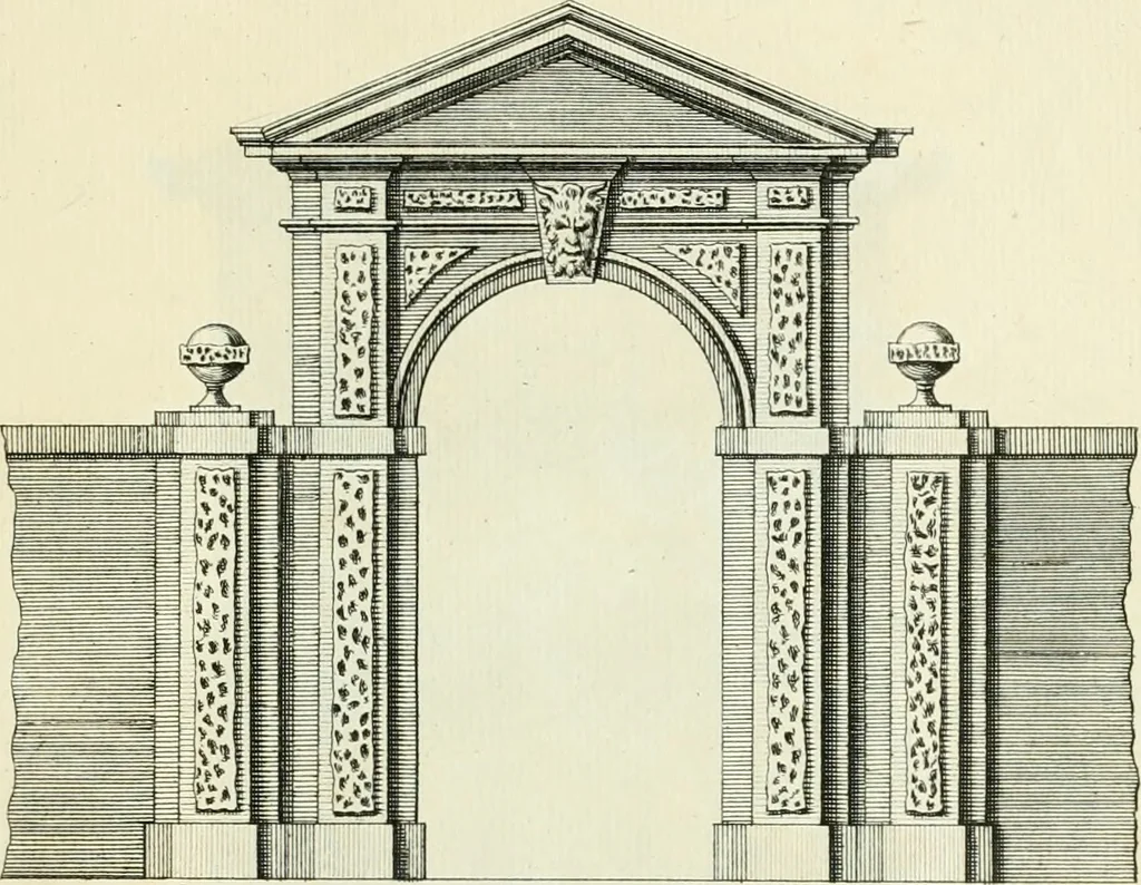 An illustration from The gentlemens or builders companion : containing variety of usefull designs for doors, gateways, peers, pavilions, temples, chimney-pieces, slab tables, pier glasses, or tabernacle frames, ceiling peices [sic] &c., 1739, leaf 26