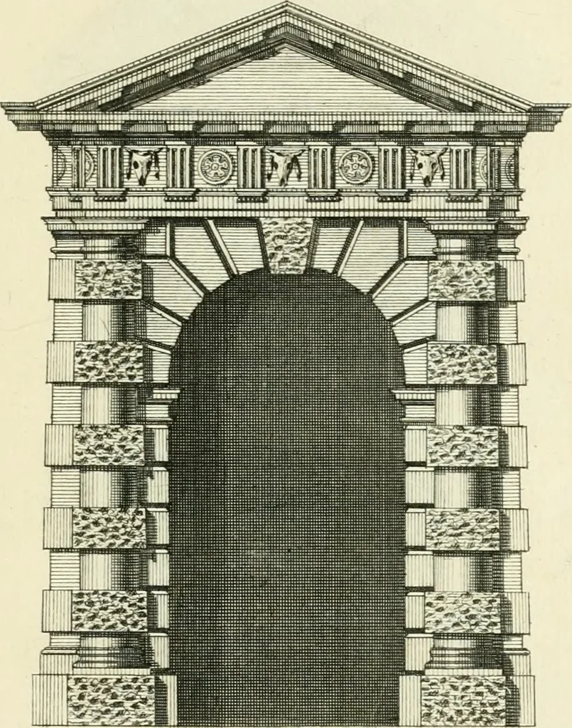 An illustration from The gentlemens or builders companion : containing variety of usefull designs for doors, gateways, peers, pavilions, temples, chimney-pieces, slab tables, pier glasses, or tabernacle frames, ceiling peices [sic] &c., 1739, leaf 28