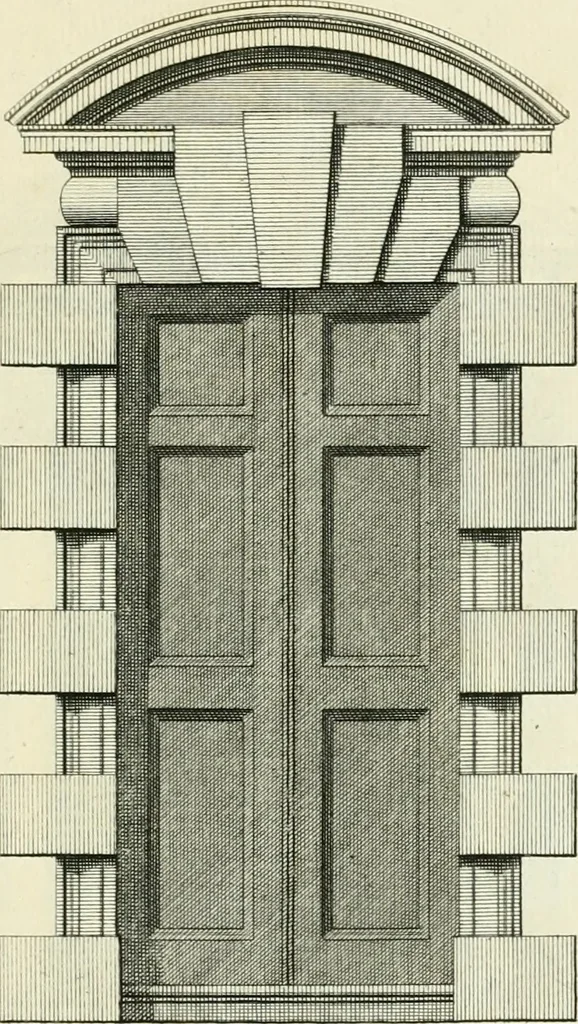 An illustration from The gentlemens or builders companion : containing variety of usefull designs for doors, gateways, peers, pavilions, temples, chimney-pieces, slab tables, pier glasses, or tabernacle frames, ceiling peices [sic] &c., 1739, leaf 32