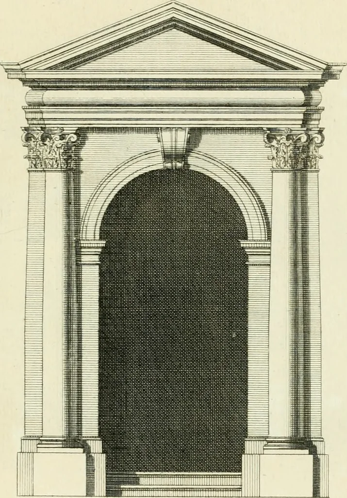 An illustration from The gentlemens or builders companion : containing variety of usefull designs for doors, gateways, peers, pavilions, temples, chimney-pieces, slab tables, pier glasses, or tabernacle frames, ceiling peices [sic] &c., 1739, leaf 34