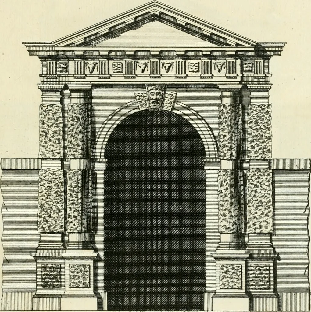 An illustration from The gentlemens or builders companion : containing variety of usefull designs for doors, gateways, peers, pavilions, temples, chimney-pieces, slab tables, pier glasses, or tabernacle frames, ceiling peices [sic] &c., 1739, leaf 36
