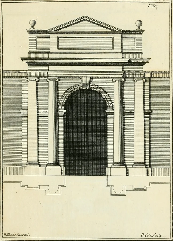 An illustration from The gentlemens or builders companion : containing variety of usefull designs for doors, gateways, peers, pavilions, temples, chimney-pieces, slab tables, pier glasses, or tabernacle frames, ceiling peices [sic] &c., 1739, leaf 38