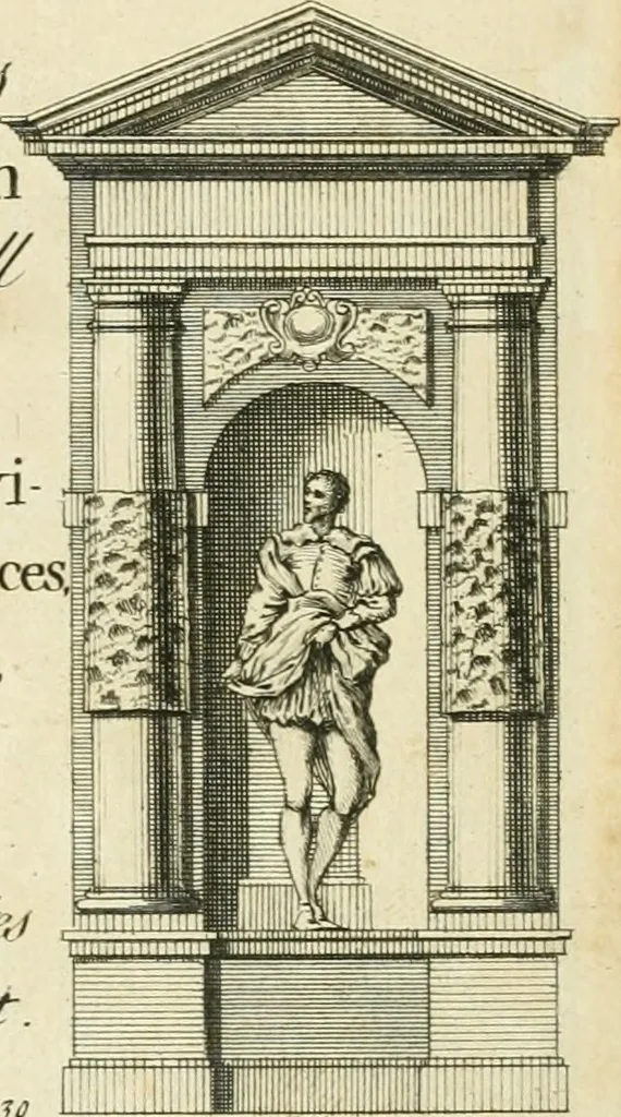 An illustration from The gentlemens or builders companion : containing variety of usefull designs for doors, gateways, peers, pavilions, temples, chimney-pieces, slab tables, pier glasses, or tabernacle frames, ceiling peices [sic] &c., 1739, leaf 4
