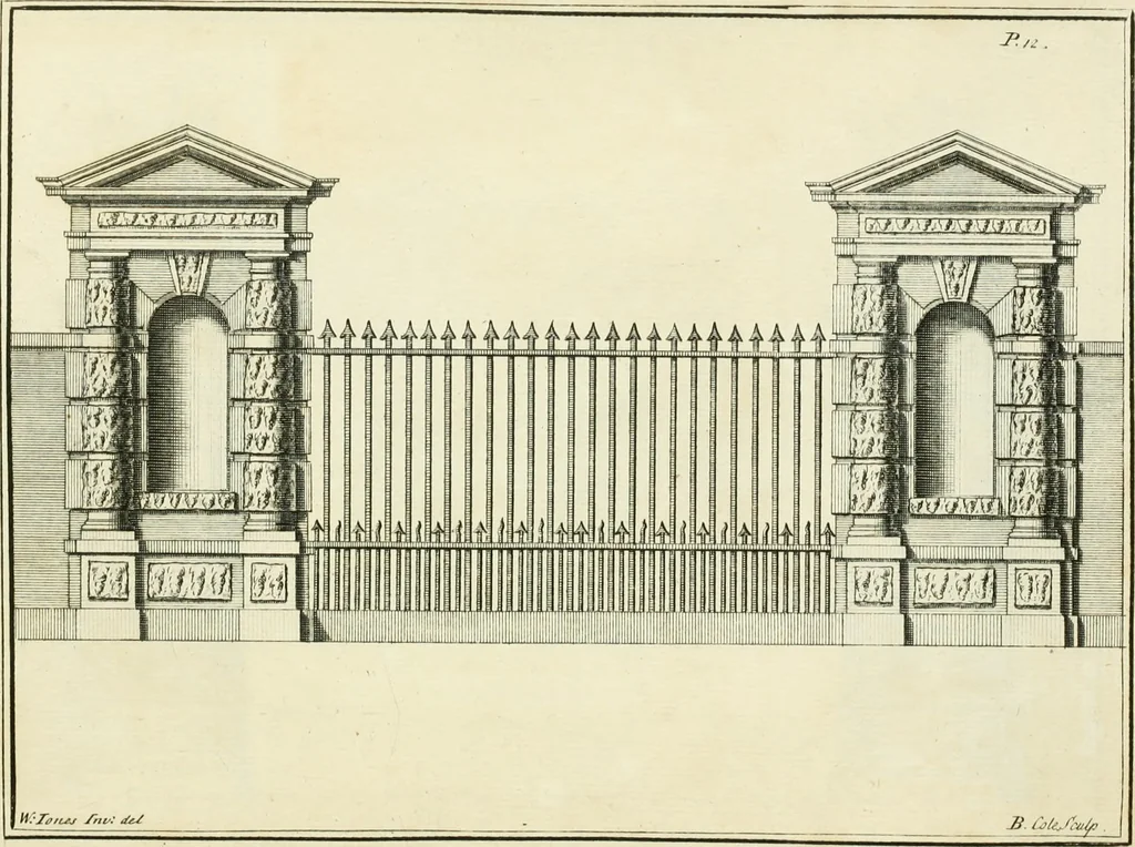 An illustration from The gentlemens or builders companion : containing variety of usefull designs for doors, gateways, peers, pavilions, temples, chimney-pieces, slab tables, pier glasses, or tabernacle frames, ceiling peices [sic] &c., 1739, leaf 40