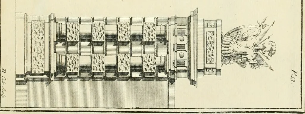 An illustration from The gentlemens or builders companion : containing variety of usefull designs for doors, gateways, peers, pavilions, temples, chimney-pieces, slab tables, pier glasses, or tabernacle frames, ceiling peices [sic] &c., 1739, leaf 42