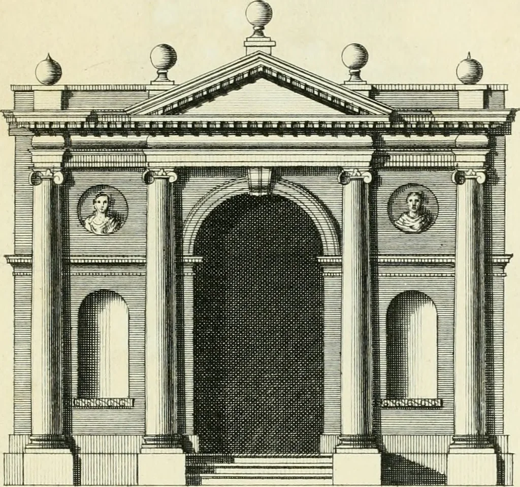 An illustration from The gentlemens or builders companion : containing variety of usefull designs for doors, gateways, peers, pavilions, temples, chimney-pieces, slab tables, pier glasses, or tabernacle frames, ceiling peices [sic] &c., 1739, leaf 44