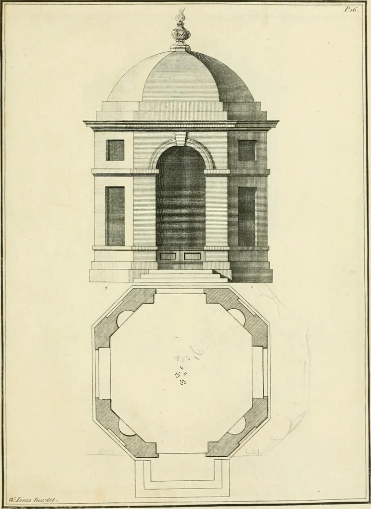 An illustration from The gentlemens or builders companion : containing variety of usefull designs for doors, gateways, peers, pavilions, temples, chimney-pieces, slab tables, pier glasses, or tabernacle frames, ceiling peices [sic] &c., 1739, leaf 48