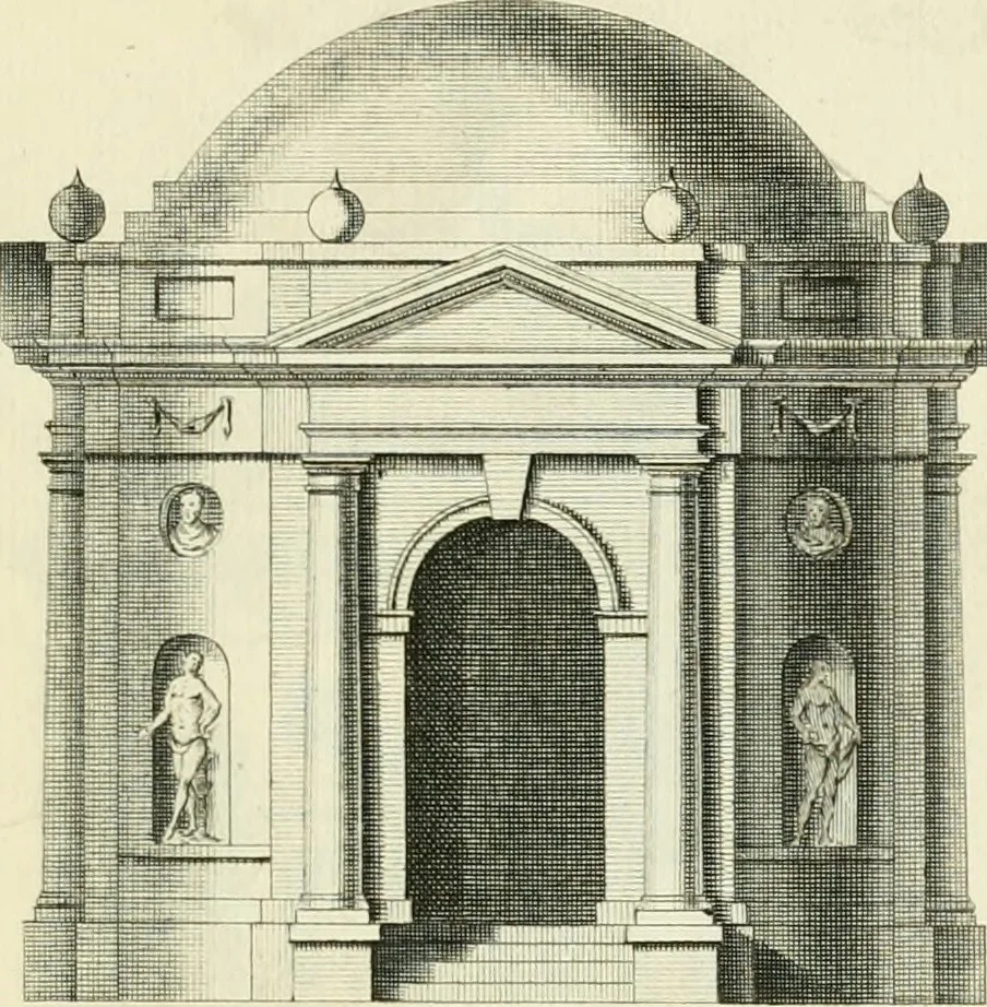 An illustration from The gentlemens or builders companion : containing variety of usefull designs for doors, gateways, peers, pavilions, temples, chimney-pieces, slab tables, pier glasses, or tabernacle frames, ceiling peices [sic] &c., 1739, leaf 50