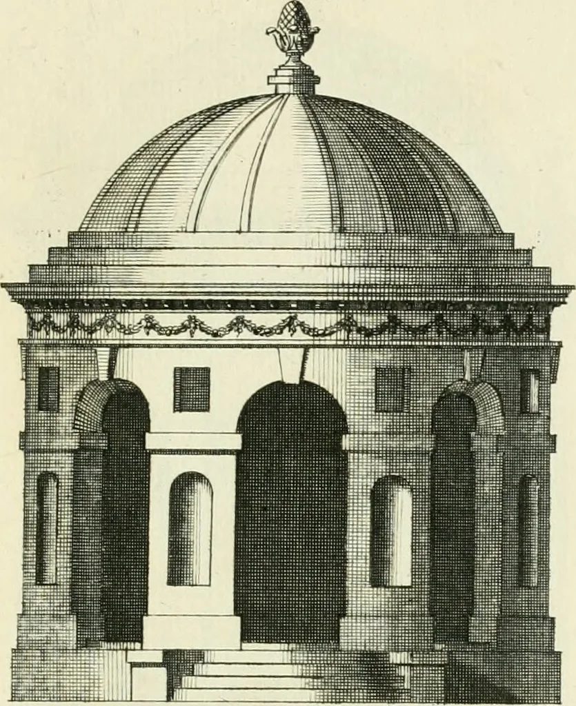 An illustration from The gentlemens or builders companion : containing variety of usefull designs for doors, gateways, peers, pavilions, temples, chimney-pieces, slab tables, pier glasses, or tabernacle frames, ceiling peices [sic] &c., 1739, leaf 52