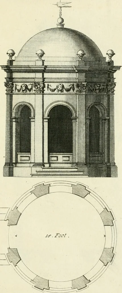 An illustration from The gentlemens or builders companion : containing variety of usefull designs for doors, gateways, peers, pavilions, temples, chimney-pieces, slab tables, pier glasses, or tabernacle frames, ceiling peices [sic] &c., 1739, leaf 54
