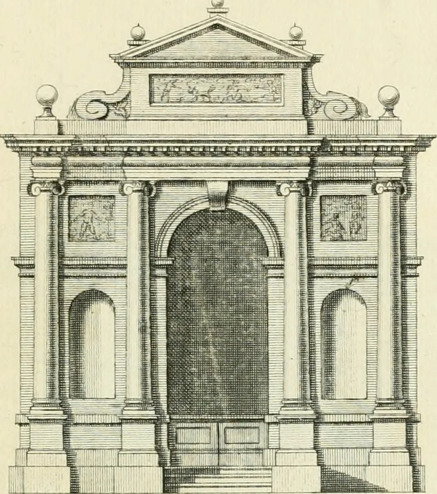 An illustration from The gentlemens or builders companion : containing variety of usefull designs for doors, gateways, peers, pavilions, temples, chimney-pieces, slab tables, pier glasses, or tabernacle frames, ceiling peices [sic] &c., 1739, leaf 56