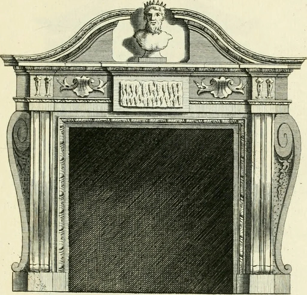 An illustration from The gentlemens or builders companion : containing variety of usefull designs for doors, gateways, peers, pavilions, temples, chimney-pieces, slab tables, pier glasses, or tabernacle frames, ceiling peices [sic] &c., 1739, leaf 58