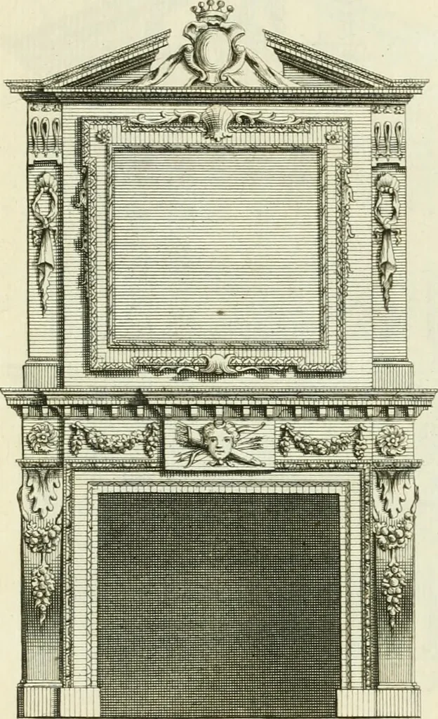 An illustration from The gentlemens or builders companion : containing variety of usefull designs for doors, gateways, peers, pavilions, temples, chimney-pieces, slab tables, pier glasses, or tabernacle frames, ceiling peices [sic] &c., 1739, leaf 60