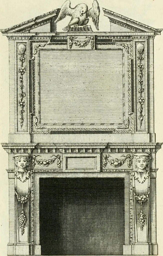 An illustration from The gentlemens or builders companion : containing variety of usefull designs for doors, gateways, peers, pavilions, temples, chimney-pieces, slab tables, pier glasses, or tabernacle frames, ceiling peices [sic] &c., 1739, leaf 62
