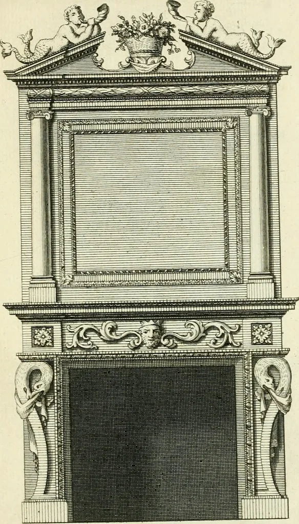 An illustration from The gentlemens or builders companion : containing variety of usefull designs for doors, gateways, peers, pavilions, temples, chimney-pieces, slab tables, pier glasses, or tabernacle frames, ceiling peices [sic] &c., 1739, leaf 64