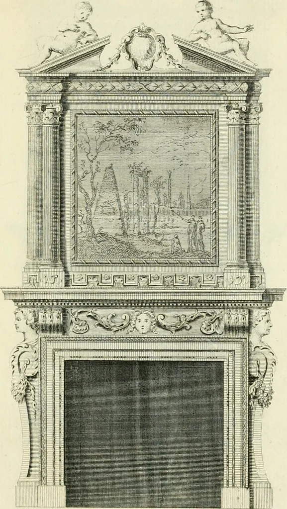 An illustration from The gentlemens or builders companion : containing variety of usefull designs for doors, gateways, peers, pavilions, temples, chimney-pieces, slab tables, pier glasses, or tabernacle frames, ceiling peices [sic] &c., 1739, leaf 66