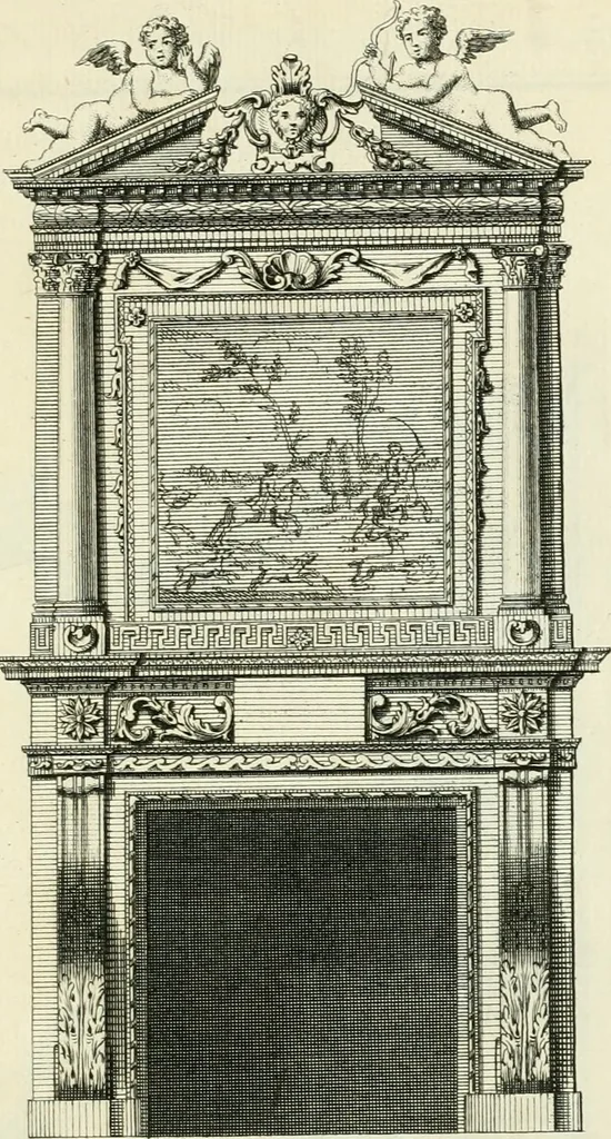 An illustration from The gentlemens or builders companion : containing variety of usefull designs for doors, gateways, peers, pavilions, temples, chimney-pieces, slab tables, pier glasses, or tabernacle frames, ceiling peices [sic] &c., 1739, leaf 68
