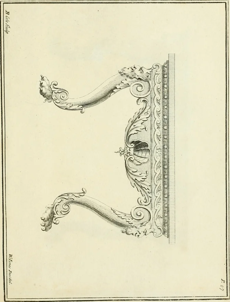 An illustration from The gentlemens or builders companion : containing variety of usefull designs for doors, gateways, peers, pavilions, temples, chimney-pieces, slab tables, pier glasses, or tabernacle frames, ceiling peices [sic] &c., 1739, leaf 70