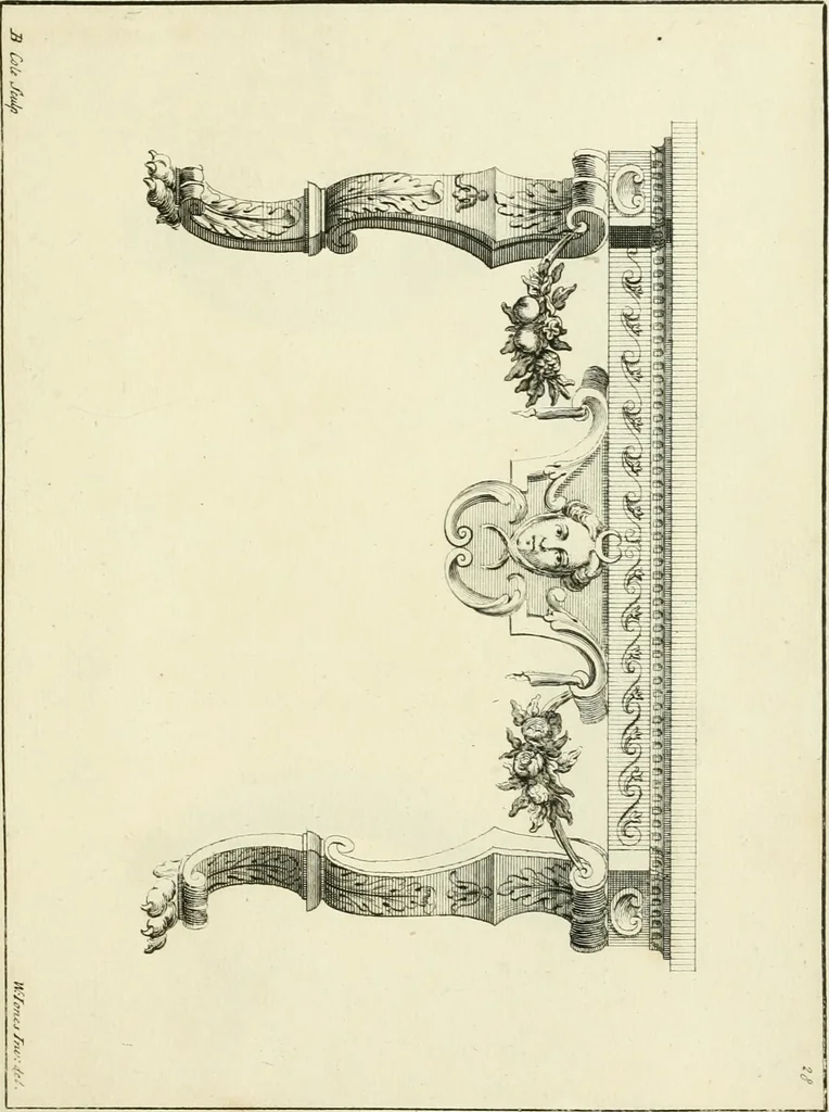 An illustration from The gentlemens or builders companion : containing variety of usefull designs for doors, gateways, peers, pavilions, temples, chimney-pieces, slab tables, pier glasses, or tabernacle frames, ceiling peices [sic] &c., 1739, leaf 72