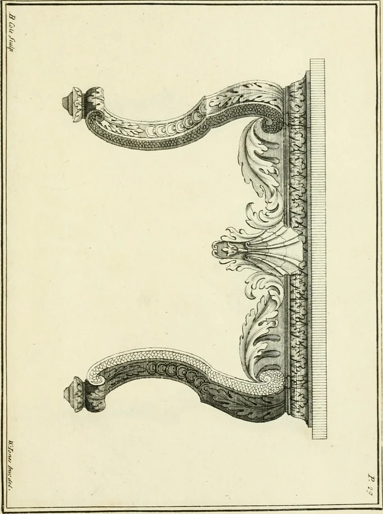 An illustration from The gentlemens or builders companion : containing variety of usefull designs for doors, gateways, peers, pavilions, temples, chimney-pieces, slab tables, pier glasses, or tabernacle frames, ceiling peices [sic] &c., 1739, leaf 74