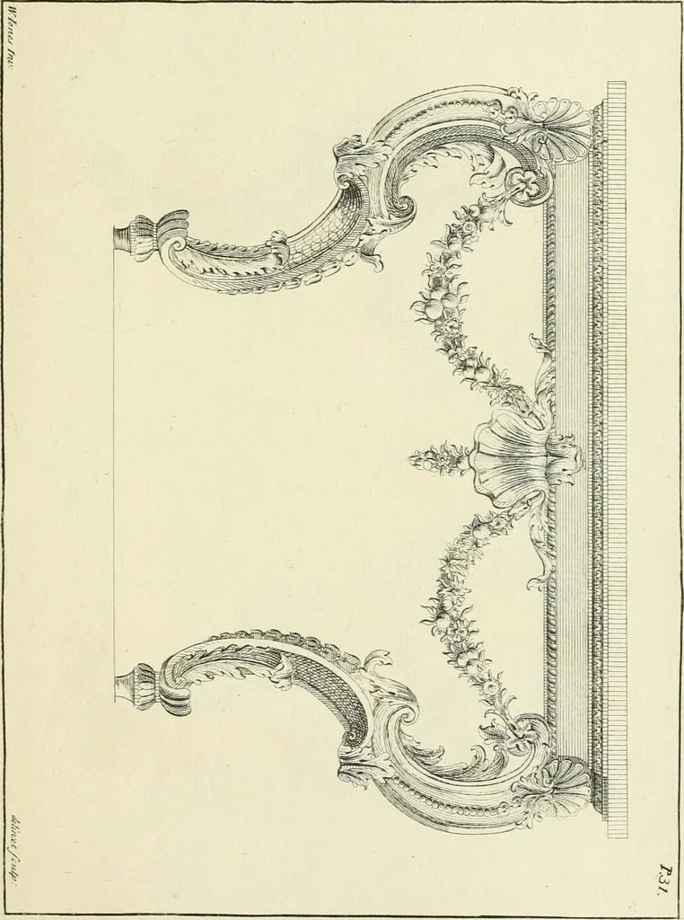 An illustration from The gentlemens or builders companion : containing variety of usefull designs for doors, gateways, peers, pavilions, temples, chimney-pieces, slab tables, pier glasses, or tabernacle frames, ceiling peices [sic] &c., 1739, leaf 78