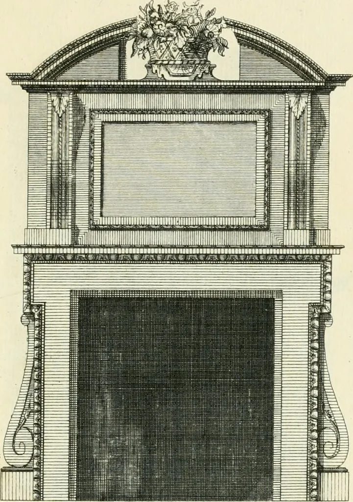 An illustration from The gentlemens or builders companion : containing variety of usefull designs for doors, gateways, peers, pavilions, temples, chimney-pieces, slab tables, pier glasses, or tabernacle frames, ceiling peices [sic] &c., 1739, leaf 84