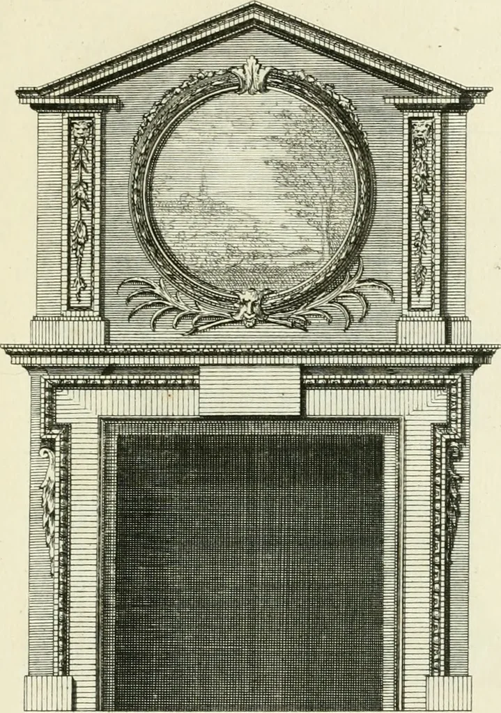 An illustration from The gentlemens or builders companion : containing variety of usefull designs for doors, gateways, peers, pavilions, temples, chimney-pieces, slab tables, pier glasses, or tabernacle frames, ceiling peices [sic] &c., 1739, leaf 86