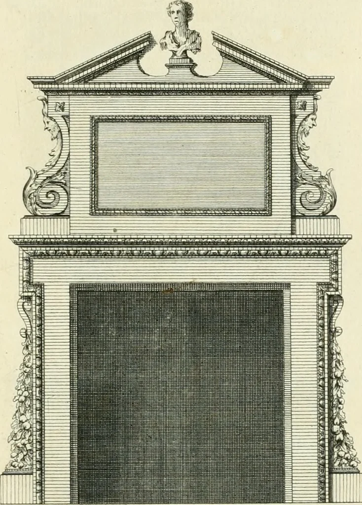 An illustration from The gentlemens or builders companion : containing variety of usefull designs for doors, gateways, peers, pavilions, temples, chimney-pieces, slab tables, pier glasses, or tabernacle frames, ceiling peices [sic] &c., 1739, leaf 88