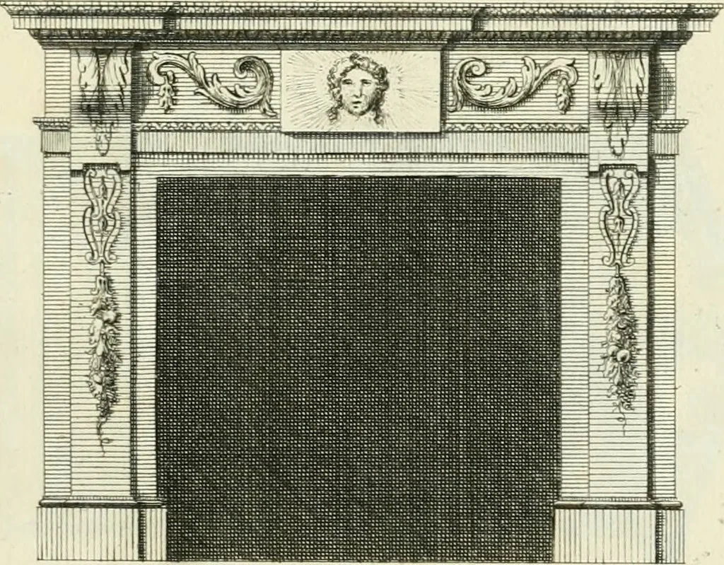 An illustration from The gentlemens or builders companion : containing variety of usefull designs for doors, gateways, peers, pavilions, temples, chimney-pieces, slab tables, pier glasses, or tabernacle frames, ceiling peices [sic] &c., 1739, leaf 96