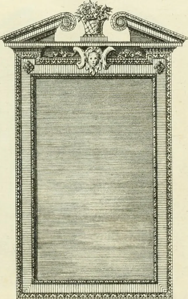 An illustration from The gentlemens or builders companion : containing variety of usefull designs for doors, gateways, peers, pavilions, temples, chimney-pieces, slab tables, pier glasses, or tabernacle frames, ceiling peices [sic] &c., 1739, leaf 98