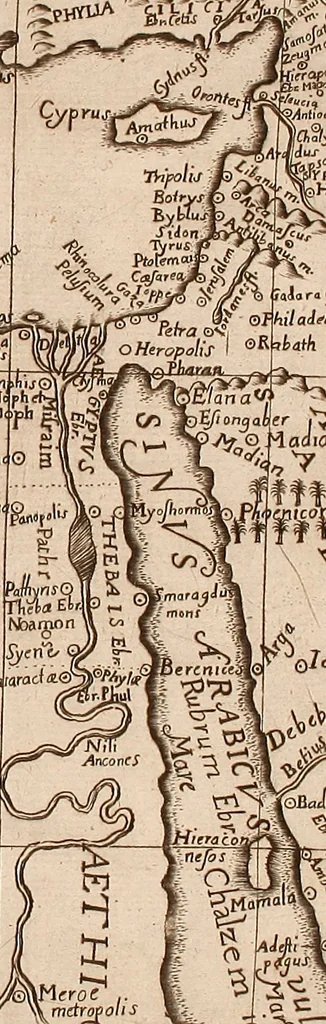 An illustration from Geographiæ sacræ pars prior[-altera] ... : cum tabula chorographica, & duplici indice, 1. Locorum scripturæ. 2. Rerum & verborum : adjecti sunt tres alij indices in fine totius operis, 1651, leaf 34