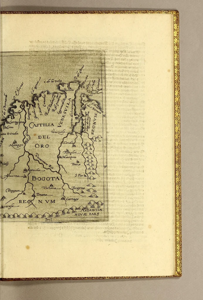 An illustration from Geographische vnd historische Beschreibung der uberauss grosser Landtschafft America: welche auch West Jndia, vnd jhrer grösse halben die New Welt genennet wirt. : Gar artig, vnd nach der Kunst in XX. Mappen oder Landtaffeln verfasset, vnd jetzt newlich in Kupffer gestochen, vnd an tag gegeben. : Dabey auff dem Rücken ieder Mappen gefunden wirdt, die Gestalt, Art, vne vornembste Gelgenheit der Landtschafft ... : Zu mehrem Verstand vnd Erklärung gemelter Landschafft America, ist hiebey gefügt ein schön vnd nützlicher Tractat von der Natur, Art, vnd Eygenschafft der Newer Welt ..., 1598, leaf 113