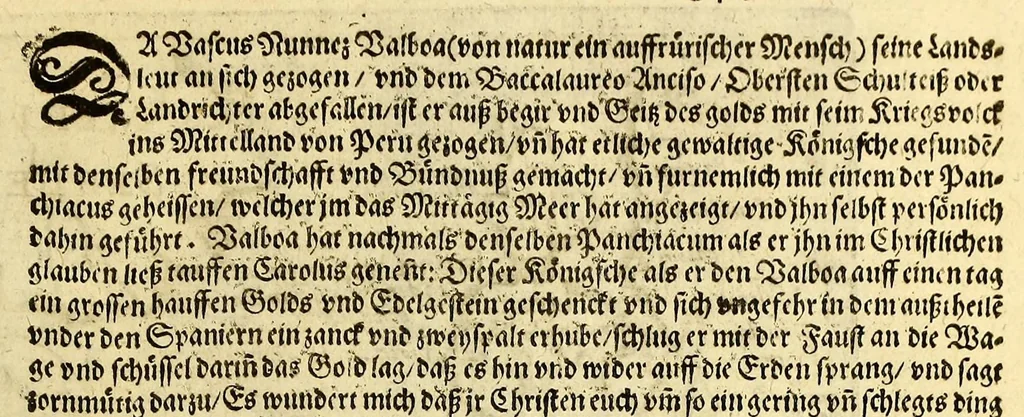 An illustration from Geographische vnd historische Beschreibung der uberauss grosser Landtschafft America: welche auch West Jndia, vnd jhrer grösse halben die New Welt genennet wirt. : Gar artig, vnd nach der Kunst in XX. Mappen oder Landtaffeln verfasset, vnd jetzt newlich in Kupffer gestochen, vnd an tag gegeben. : Dabey auff dem Rücken ieder Mappen gefunden wirdt, die Gestalt, Art, vne vornembste Gelgenheit der Landtschafft ... : Zu mehrem Verstand vnd Erklärung gemelter Landschafft America, ist hiebey gefügt ein schön vnd nützlicher Tractat von der Natur, Art, vnd Eygenschafft der Newer Welt ..., 1598, leaf 139