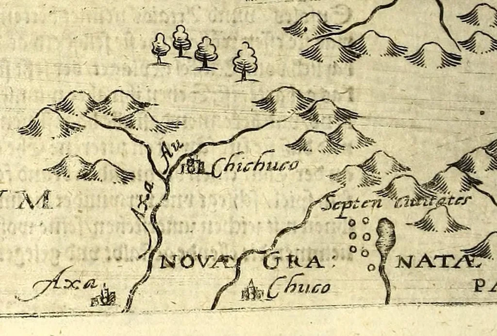 An illustration from Geographische vnd historische Beschreibung der uberauss grosser Landtschafft America: welche auch West Jndia, vnd jhrer grösse halben die New Welt genennet wirt. : Gar artig, vnd nach der Kunst in XX. Mappen oder Landtaffeln verfasset, vnd jetzt newlich in Kupffer gestochen, vnd an tag gegeben. : Dabey auff dem Rücken ieder Mappen gefunden wirdt, die Gestalt, Art, vne vornembste Gelgenheit der Landtschafft ... : Zu mehrem Verstand vnd Erklärung gemelter Landschafft America, ist hiebey gefügt ein schön vnd nützlicher Tractat von der Natur, Art, vnd Eygenschafft der Newer Welt ..., 1598, leaf 72