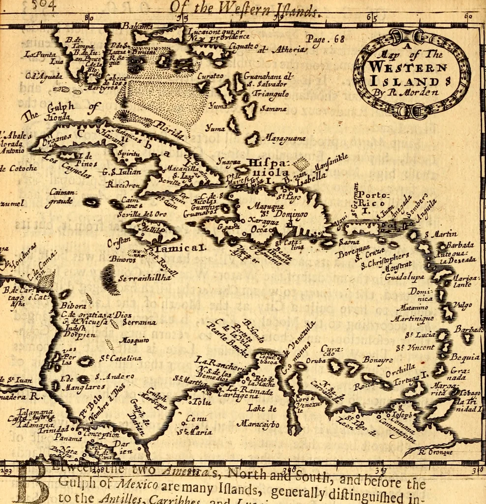 An illustration from Geography rectified; or, A description of the world, in all its kingdoms, provinces, countries ... As also their commodities, coins, weights, and measures, compared with those at London. Illustrated with seventy eight maps. The 3d ed., enl. To which is added a compleat geographical index to the whole, alphabetically digested. The whole work performed according to the more accurate observations and discoveries of modern authors, 1693, leaf 577