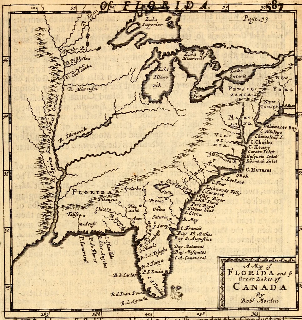 An illustration from Geography rectified; or, A description of the world, in all its kingdoms, provinces, countries ... As also their commodities, coins, weights, and measures, compared with those at London. Illustrated with seventy eight maps. The 3d ed., enl. To which is added a compleat geographical index to the whole, alphabetically digested. The whole work performed according to the more accurate observations and discoveries of modern authors, 1693, leaf 602