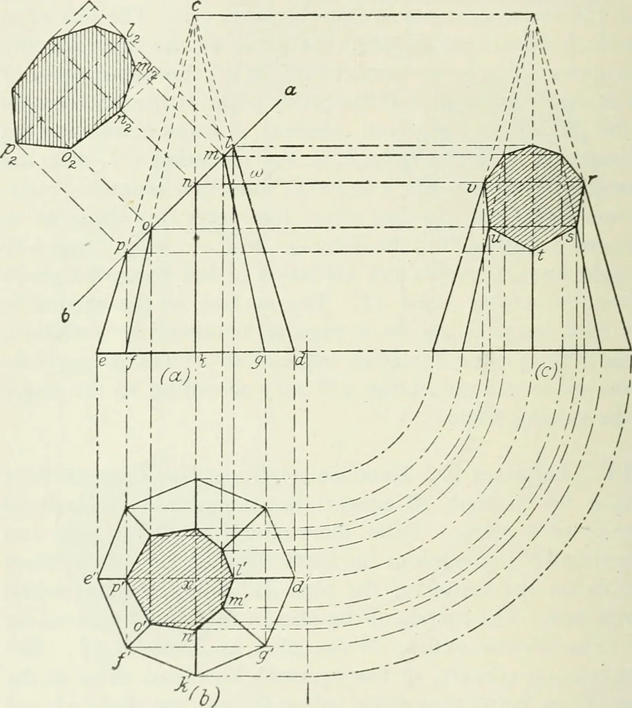 An illustration from Geometrical drawing, projection drawing, freehand and ornamental drawing, wash work and brush drawing, elementary perspective drawing, architectural drawing, 1921, leaf 105