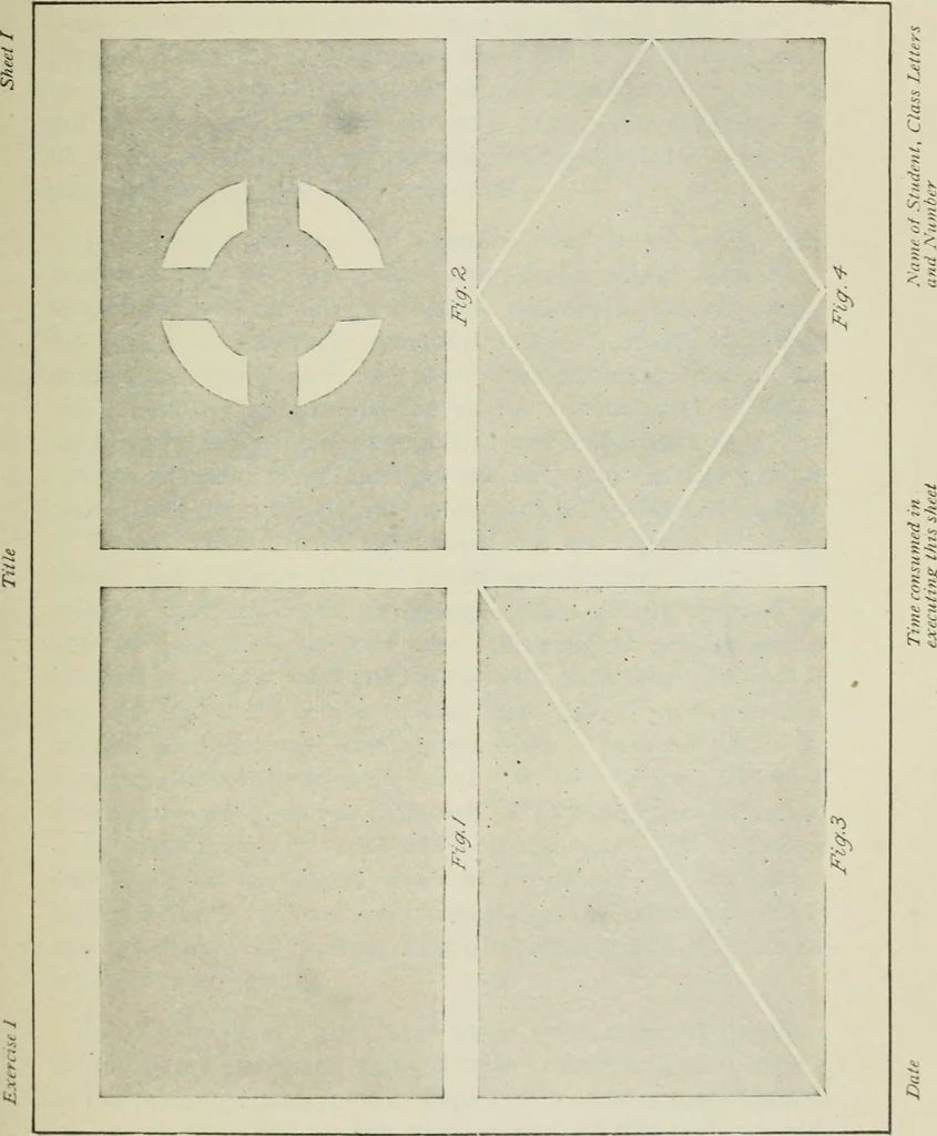 An illustration from Geometrical drawing, projection drawing, freehand and ornamental drawing, wash work and brush drawing, elementary perspective drawing, architectural drawing, 1921, leaf 252