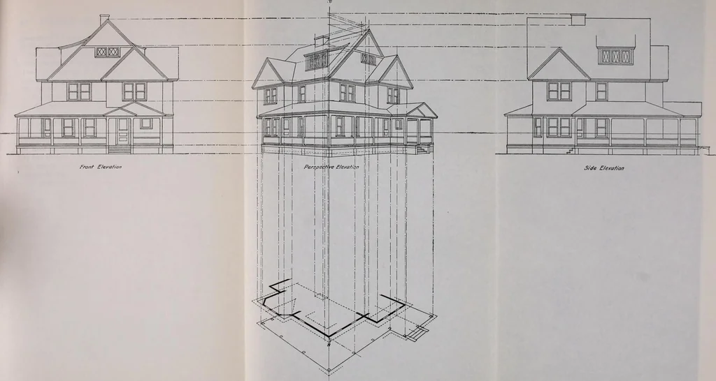 An illustration from Geometrical drawing, projection drawing, freehand and ornamental drawing, wash work and brush drawing, elementary perspective drawing, architectural drawing, 1921, leaf 305