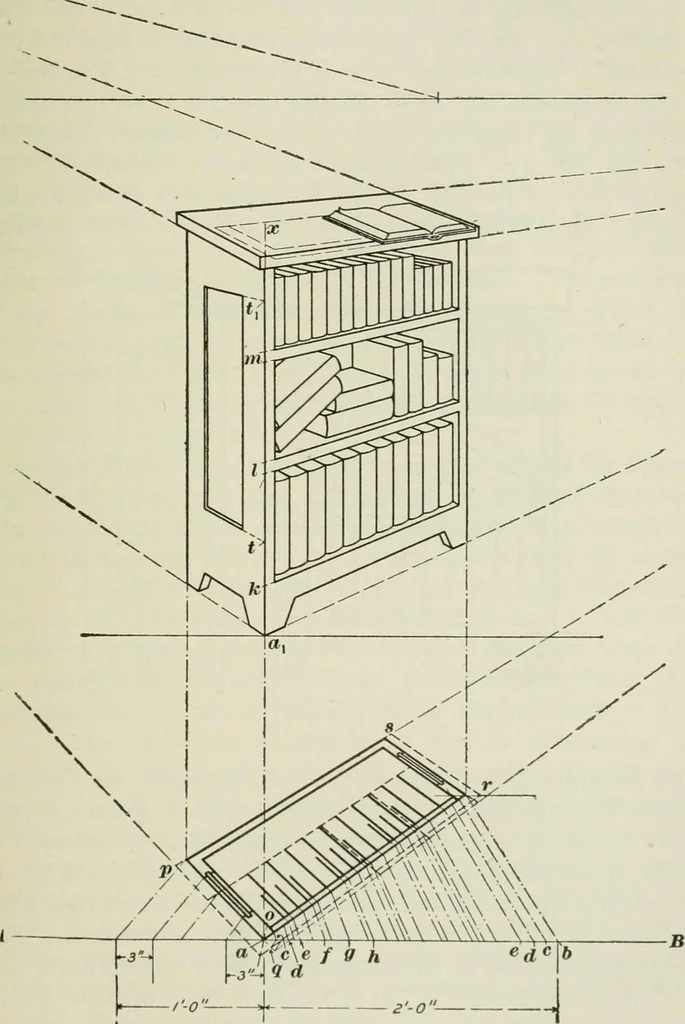 An illustration from Geometrical drawing, projection drawing, freehand and ornamental drawing, wash work and brush drawing, elementary perspective drawing, architectural drawing, 1921, leaf 356