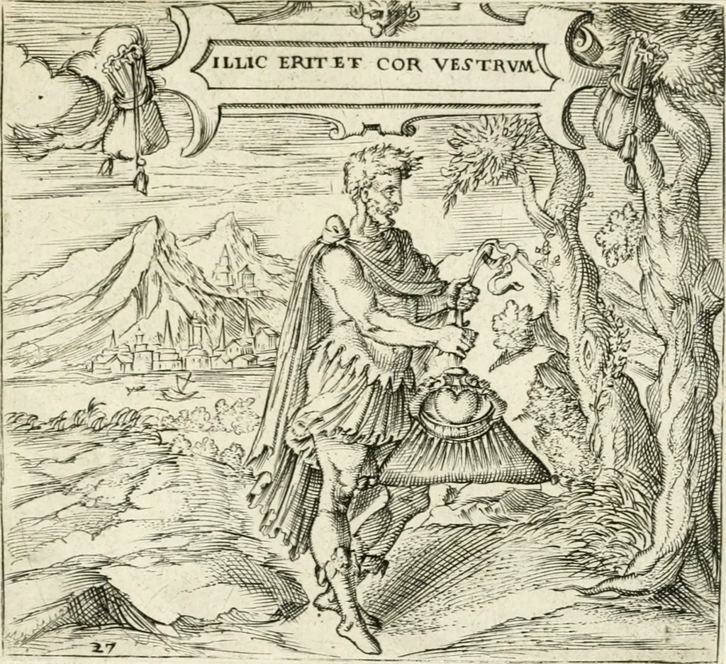 An illustration from Georgiae Montaneae, nobilis Gallae, Emblematvm Christianorvm centvria : cum eorundem Latina interpretatione = Cent emblemes chrestiens, 1584, leaf 126