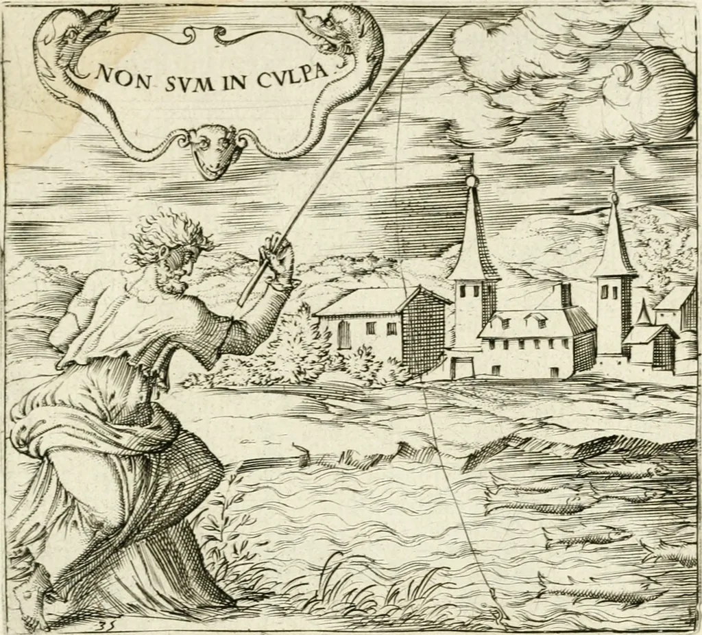 An illustration from Georgiae Montaneae, nobilis Gallae, Emblematvm Christianorvm centvria : cum eorundem Latina interpretatione = Cent emblemes chrestiens, 1584, leaf 158