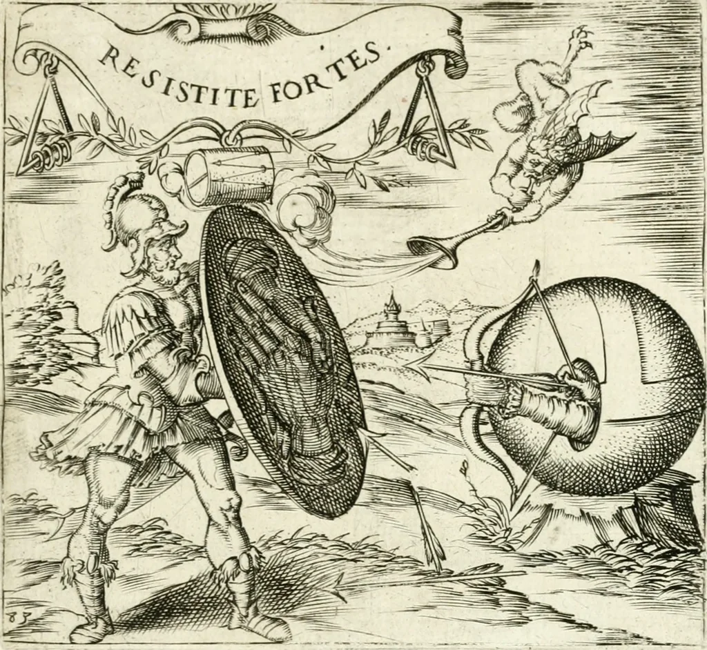 An illustration from Georgiae Montaneae, nobilis Gallae, Emblematvm Christianorvm centvria : cum eorundem Latina interpretatione = Cent emblemes chrestiens, 1584, leaf 350