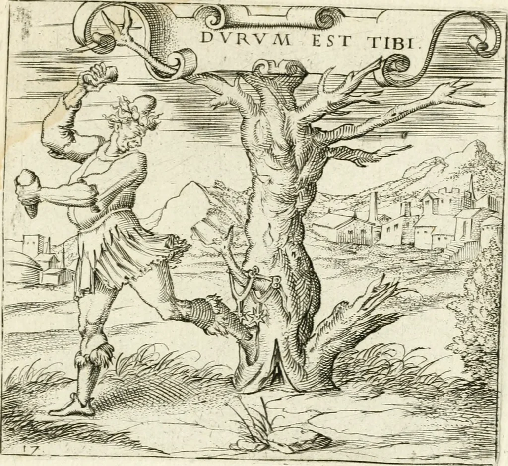 An illustration from Georgiae Montaneae, nobilis Gallae, Emblematvm Christianorvm centvria : cum eorundem Latina interpretatione = Cent emblemes chrestiens, 1584, leaf 86