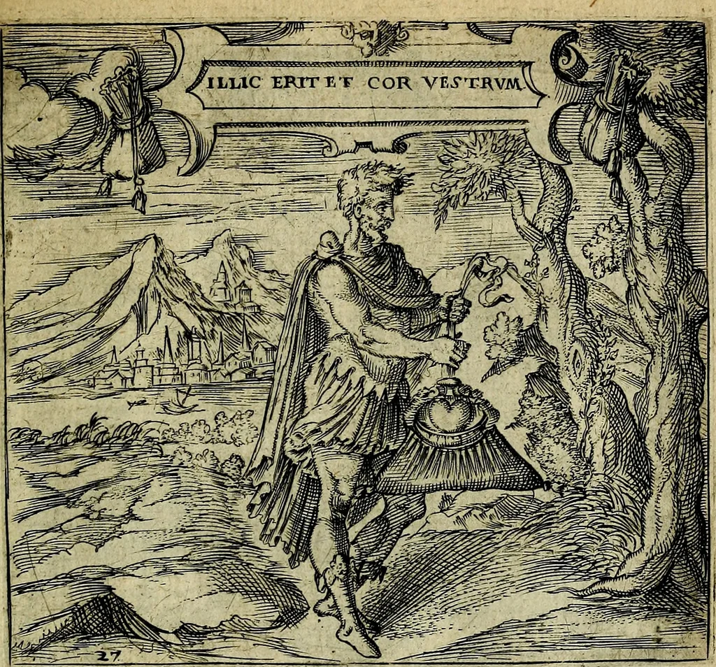 An illustration from Georgiae Montaneae, nobilis Gallae, Emblematum christianorum centuria : cum eorundem latina interpretatione = Cent emblemes chrestiens, 1584, leaf 70
