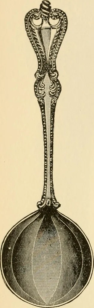 An illustration from Georgian : a pattern of spoons, forks and all other pieces of table flat ware is partly shown in this book, in which is also given an account of the chief events of the War of the Revolution and the acts of oppression which preceded and provoked it ; to which are added sundry pictures of places and things identified with this momentous conflict ..., 1899, leaf 100