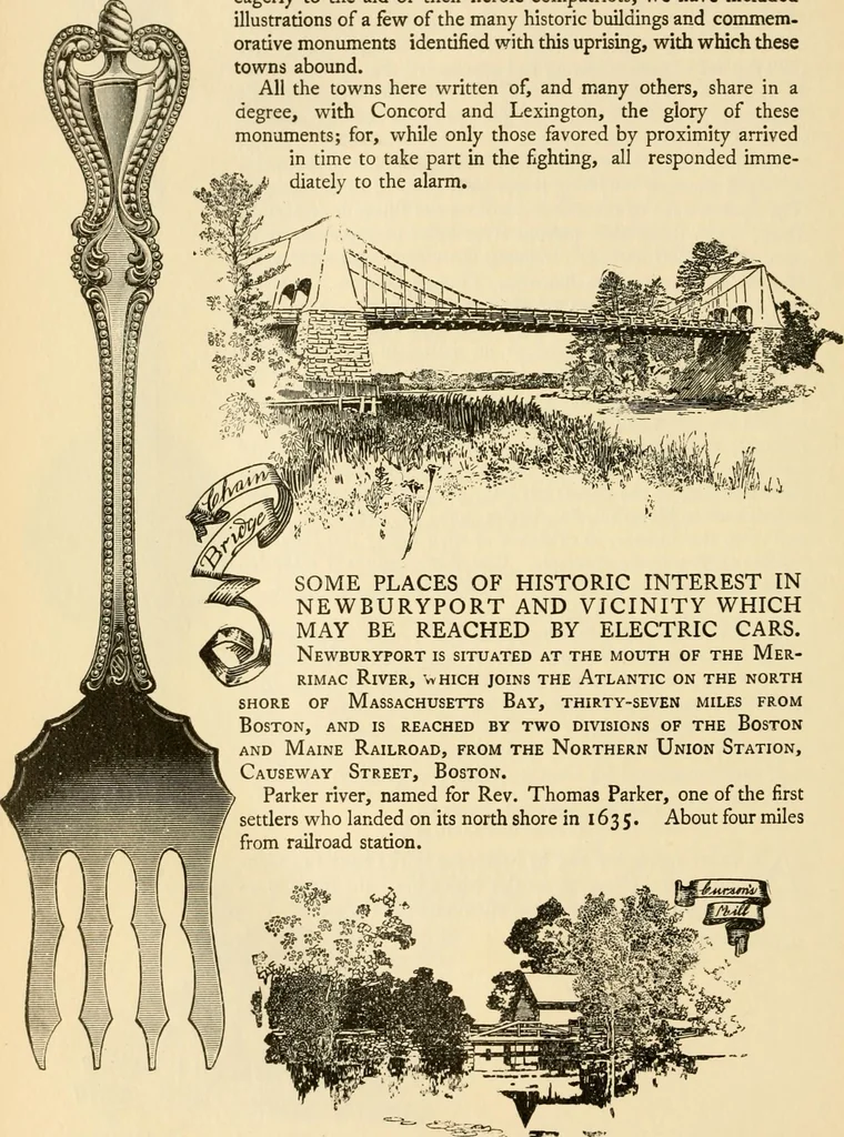 An illustration from Georgian : a pattern of spoons, forks and all other pieces of table flat ware is partly shown in this book, in which is also given an account of the chief events of the War of the Revolution and the acts of oppression which preceded and provoked it ; to which are added sundry pictures of places and things identified with this momentous conflict ..., 1899, leaf 102