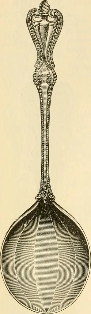 An illustration from Georgian : a pattern of spoons, forks and all other pieces of table flat ware is partly shown in this book, in which is also given an account of the chief events of the War of the Revolution and the acts of oppression which preceded and provoked it ; to which are added sundry pictures of places and things identified with this momentous conflict ..., 1899, leaf 104