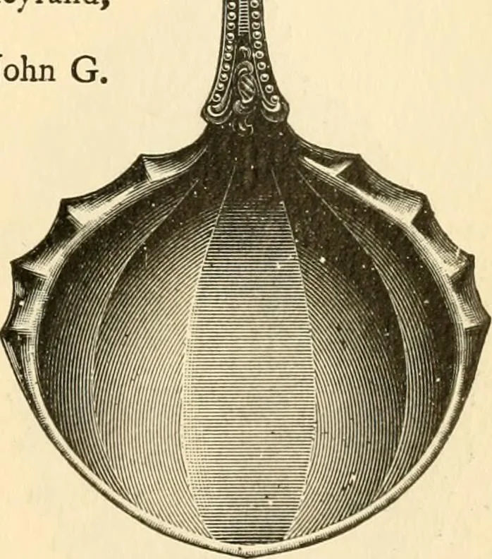 An illustration from Georgian : a pattern of spoons, forks and all other pieces of table flat ware is partly shown in this book, in which is also given an account of the chief events of the War of the Revolution and the acts of oppression which preceded and provoked it ; to which are added sundry pictures of places and things identified with this momentous conflict ..., 1899, leaf 105